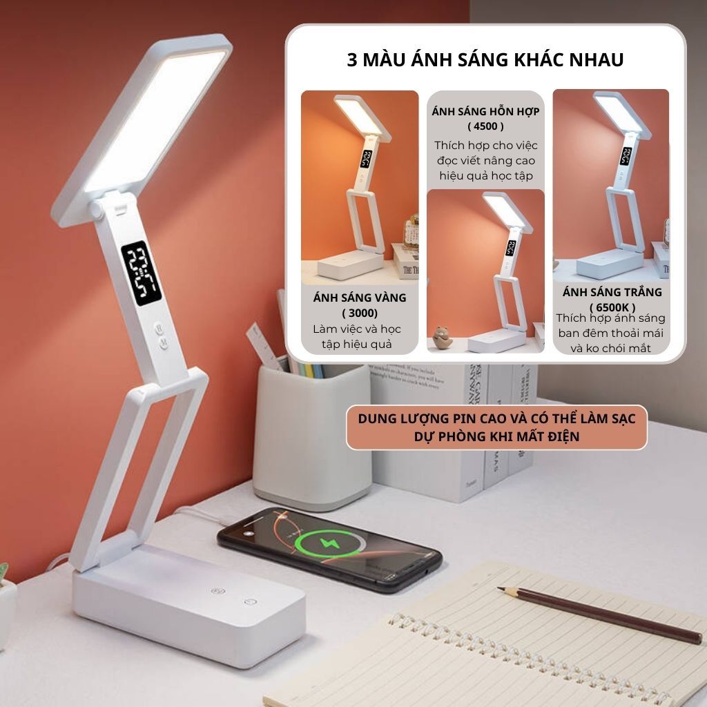 Đèn Học Để Bàn Gấp Gọn Tích Hợp Đồng Hồ Cùng Chức Năng Như Sạc Dự Phòng, Đèn học Đa Năng Chống Cận 3 màu tăng giảm độ... | BigBuy360 - bigbuy360.vn