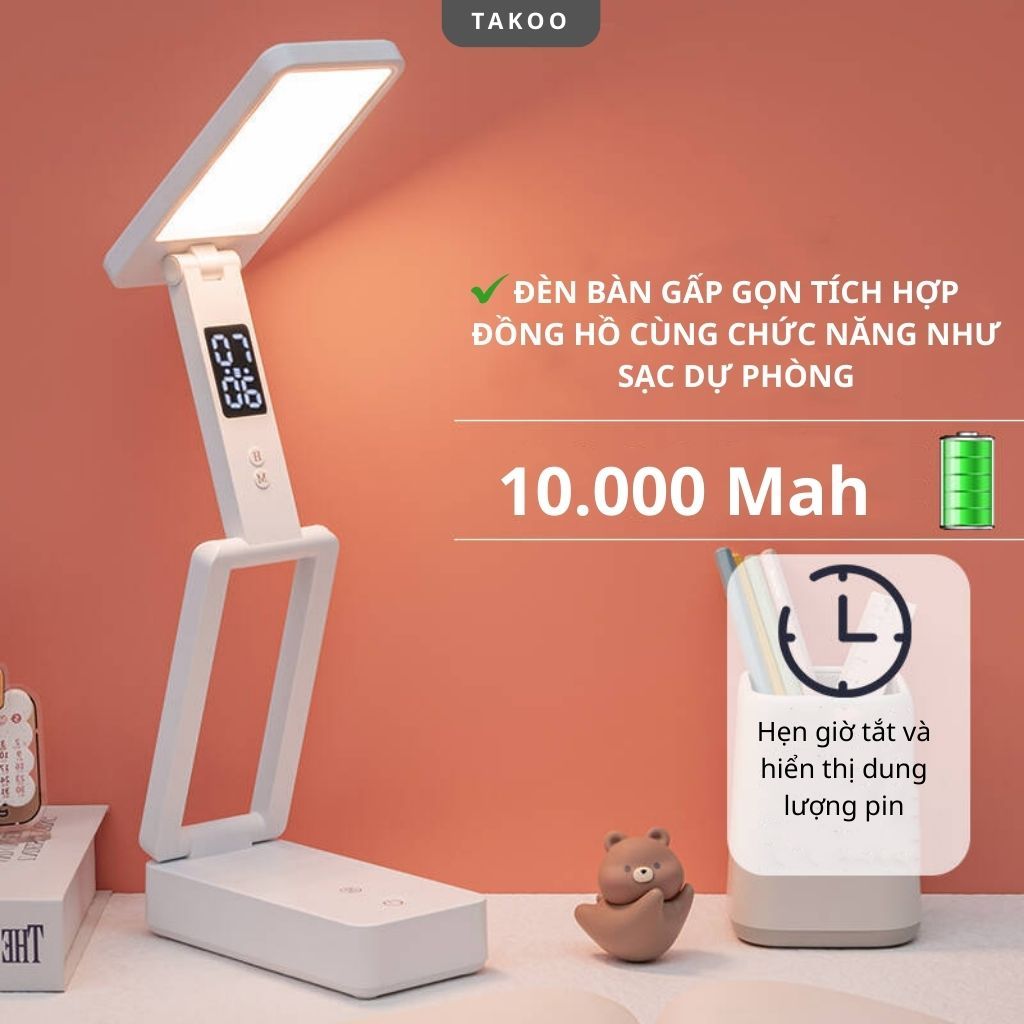 Đèn Học Để Bàn Gấp Gọn Tích Hợp Đồng Hồ Cùng Chức Năng Như Sạc Dự Phòng, Đèn học Đa Năng Chống Cận 3 màu tăng giảm độ... | BigBuy360 - bigbuy360.vn