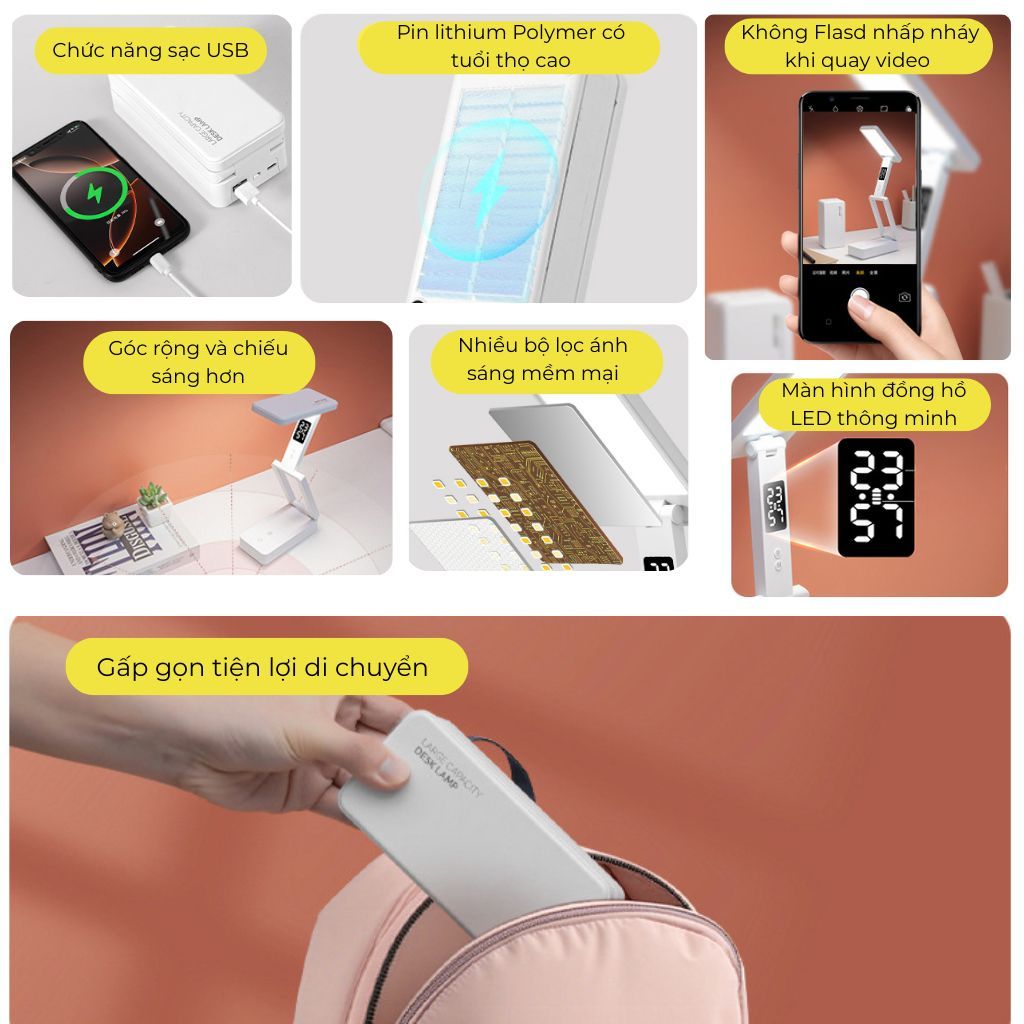 Đèn Học Để Bàn Gấp Gọn Tích Hợp Đồng Hồ Cùng Chức Năng Như Sạc Dự Phòng, Đèn học Đa Năng Chống Cận 3 màu tăng giảm độ... | BigBuy360 - bigbuy360.vn