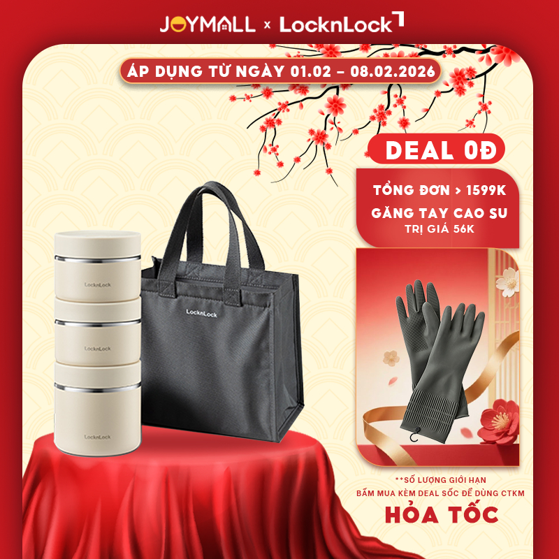 Bộ 3 Hộp Cơm Giữ Nhiệt LocknLock Lunch Box LHC8052S02 1.1L, Hàng Chính Hãng, Kèm Túi, Muỗng Đũa - Jo