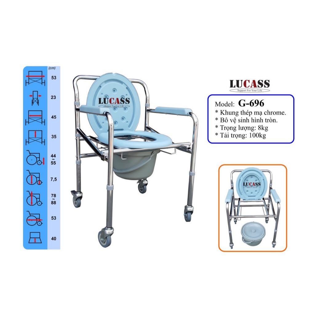 Ghế bô có bánh xe Lucass G696, Ghế vệ sinh có điều chỉnh cao thấp