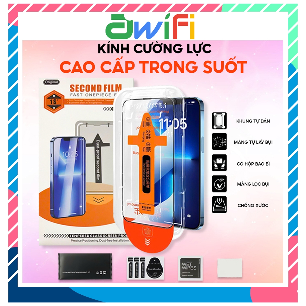 Kính Cường Lực iPhone Magic Tự Dán Tự Hút Bụi Trong Suôt Hộp Cam 6/7P/8P/X/XS/XR/11/12/13/14/15/16/1
