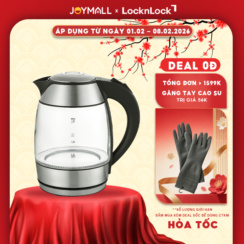 Ấm đun siêu tốc thủy tinh LocknLock EJK418SLV 1.8L, Hàng chính hãng, tự động ngắt điện - JoyMall