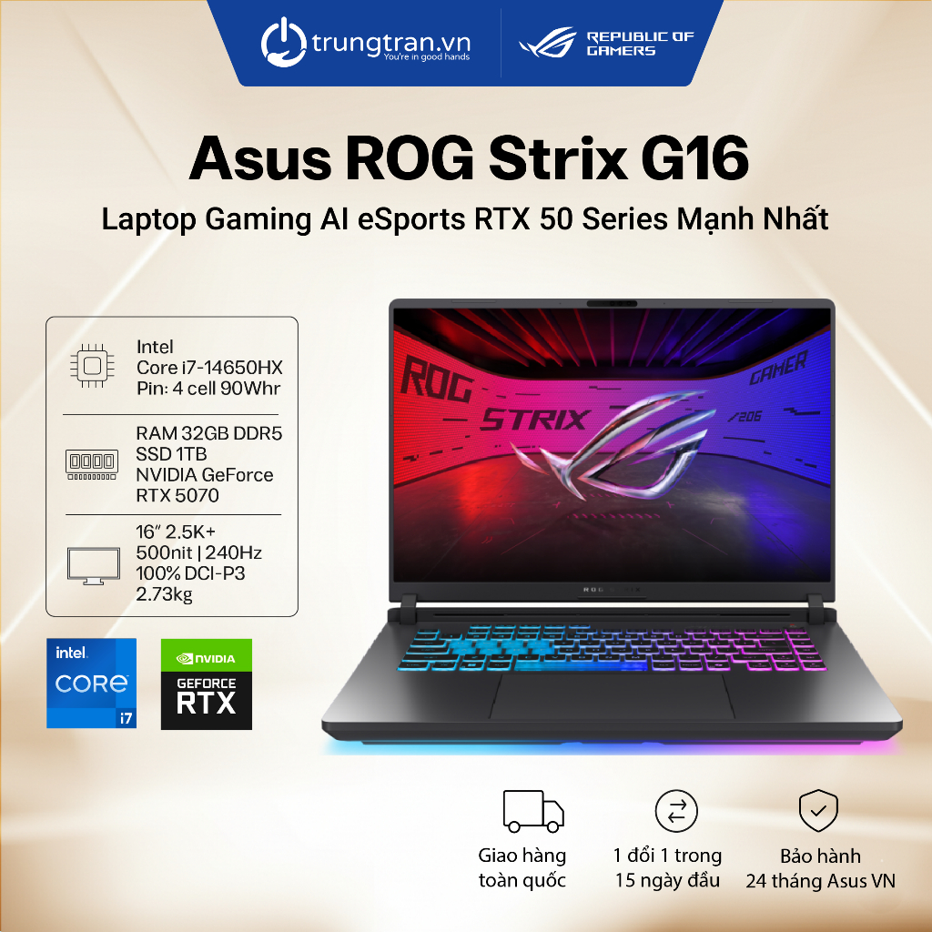 Laptop Asus ROG Strix G16 | i7 14650HX | 32GB | 1TB | RTX 5070 |16" 2.5k+ 240Hz - Trung Trần Store