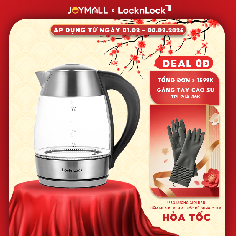 Ấm đun siêu tốc LocknLock thủy tinh EJK341 1.8L ,Hàng chính hãng có điều chỉnh nhiệt độ sôi -JoyMall