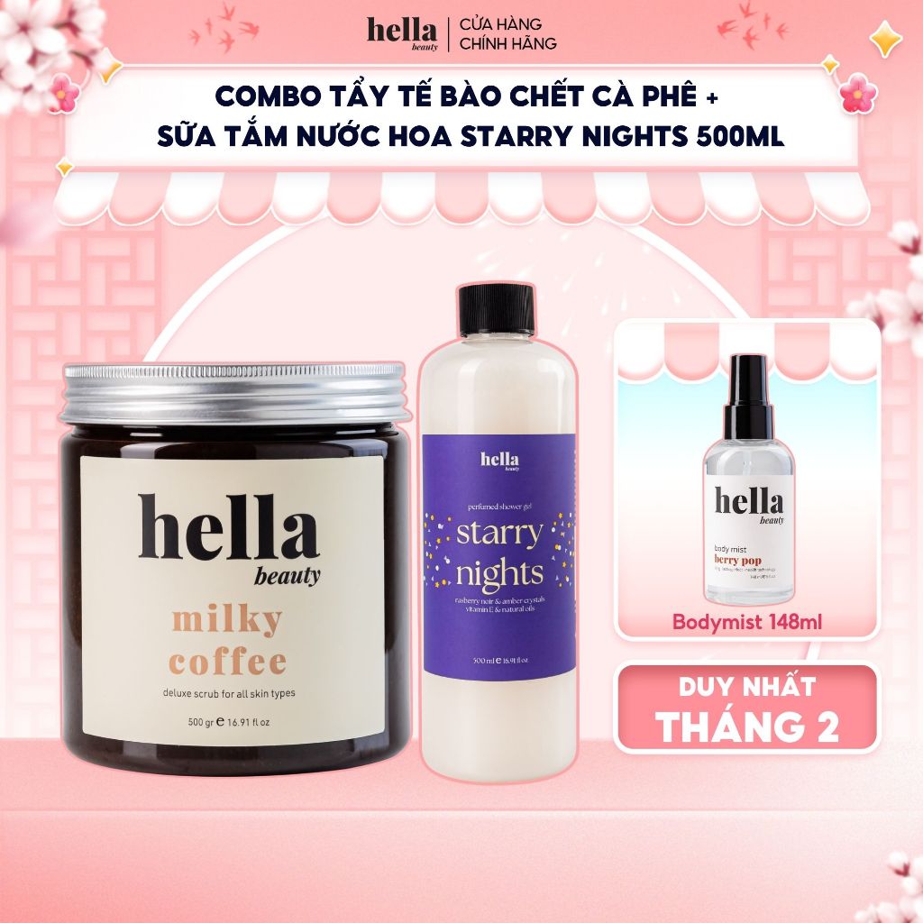 Combo Tẩy tế bào chết cho body Hella Beauty 500g + Sữa tắm dưỡng ẩm mịn sạch sâu cho da Hella Beauty
