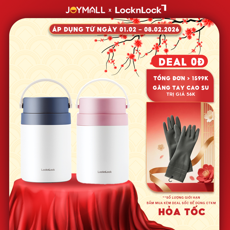 Hộp cơm giữ nhiệt LocknLock LHC8042 700ml - Hàng chính hãng, 2 ngăn kèm muỗng inox - JoyMall