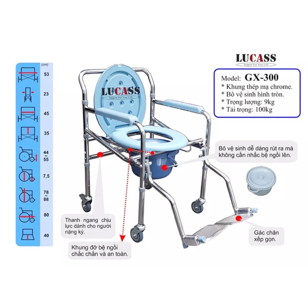 Ghế bô Lucass GX300, Ghế vệ sinh có bánh xe, để chân