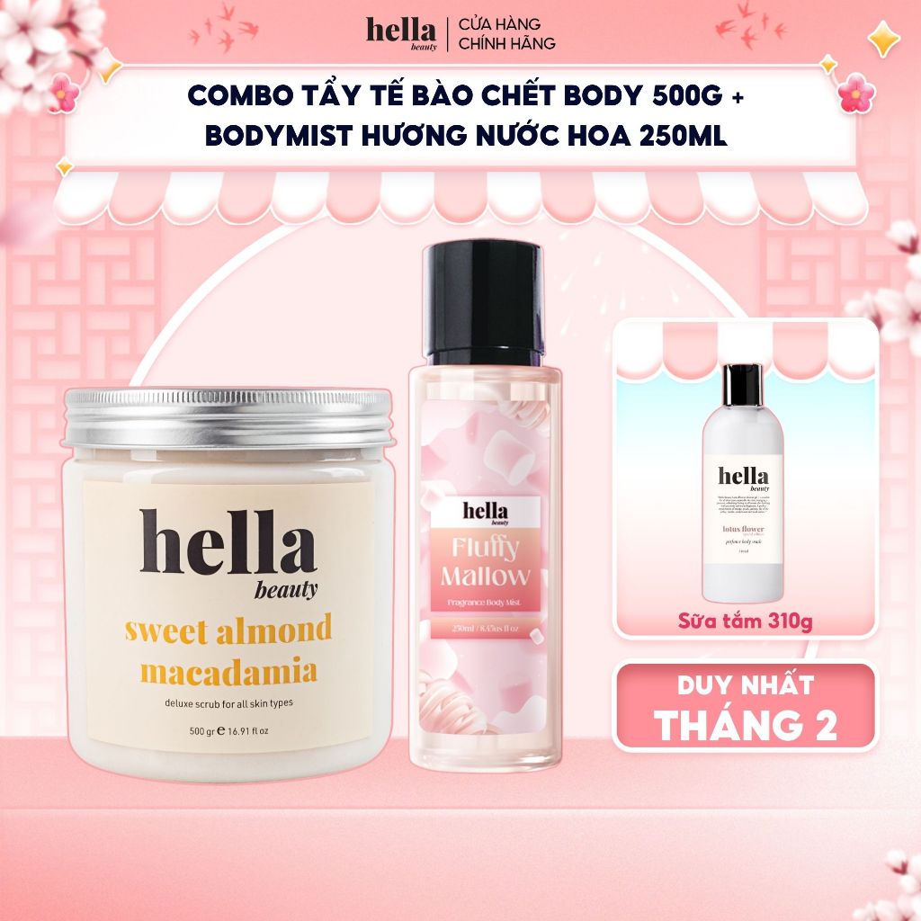 Combo tẩy tế bào chết body + Bodymist hương nước hoa 250ml Hella Beauty