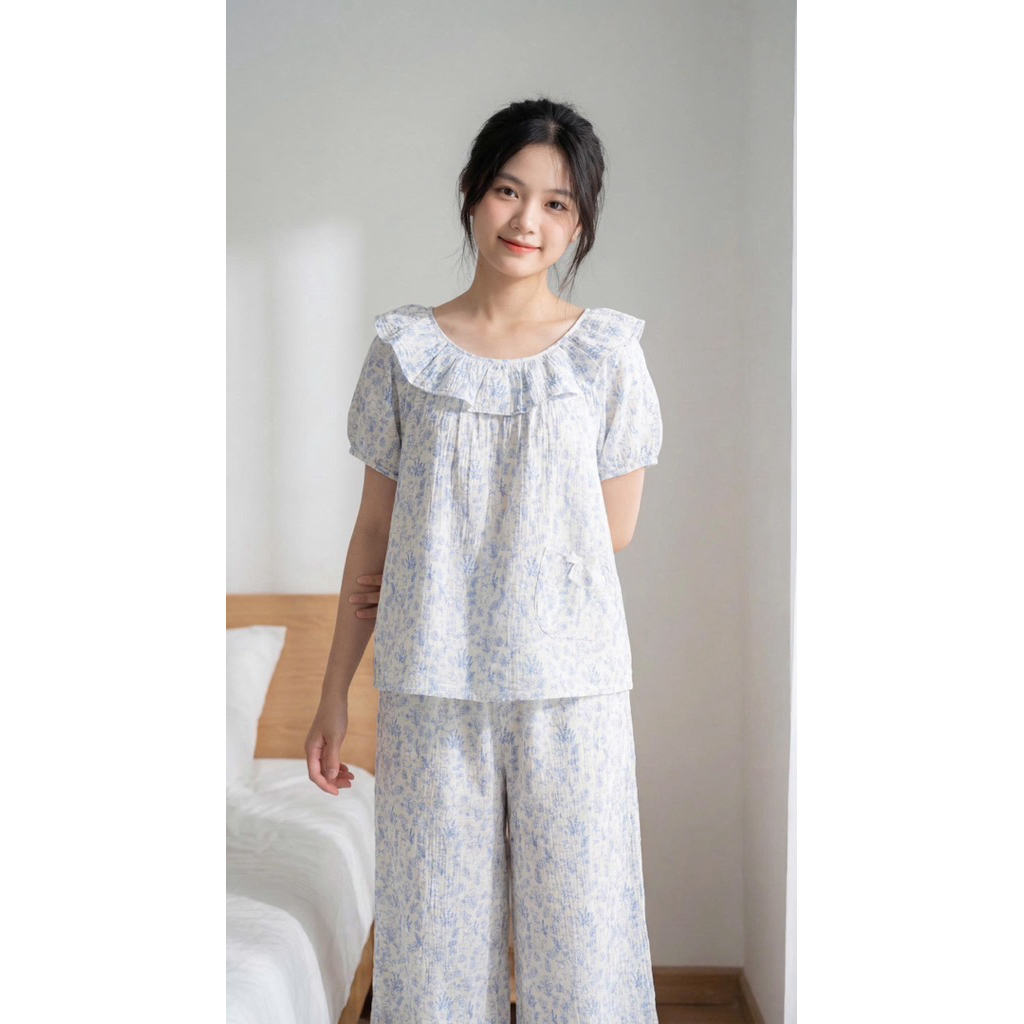 [NK HOME OUTFIT] Pijama Nữ Cổ bèo tay bồng + quần dài-bộ ngủ mặc nhà họa tiết dễ thương-chất Xô Musl