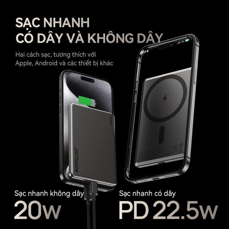 【Bảo hành hai năm】UNEED Cục Sạc Dự Phòng Mini 12000/6000mAh Sạc Không Dây 20W,‍sạc nhanh PD22.5W Siêu Mỏng 0.65cm | BigBuy360 - bigbuy360.vn