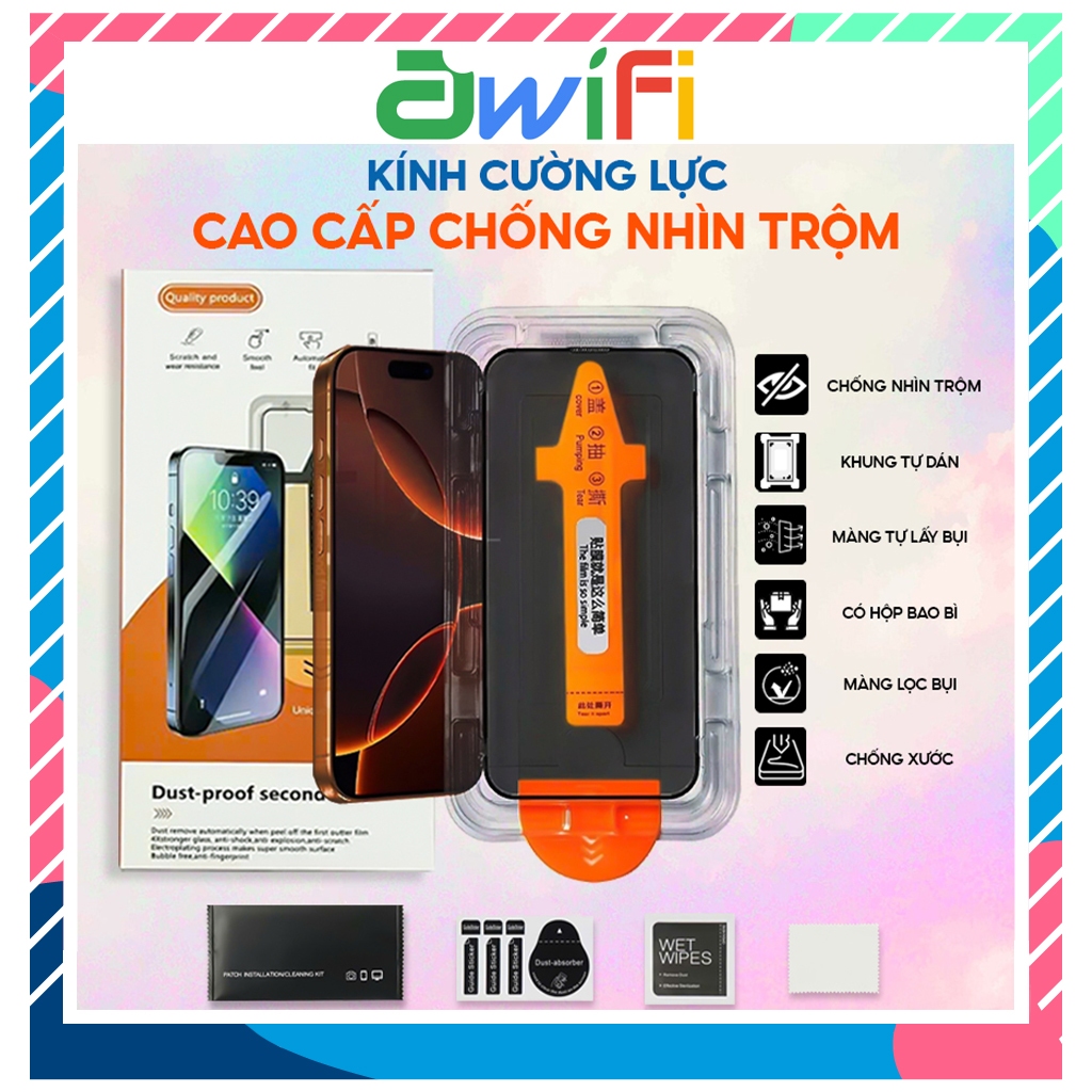 Kính Cường Lực iPhone Magic Tự Dán Tự Hút Bụi Chống Nhìn Trộm Hộp Cam X/XS/XR/11/12/13/14/15/16/17Pr
