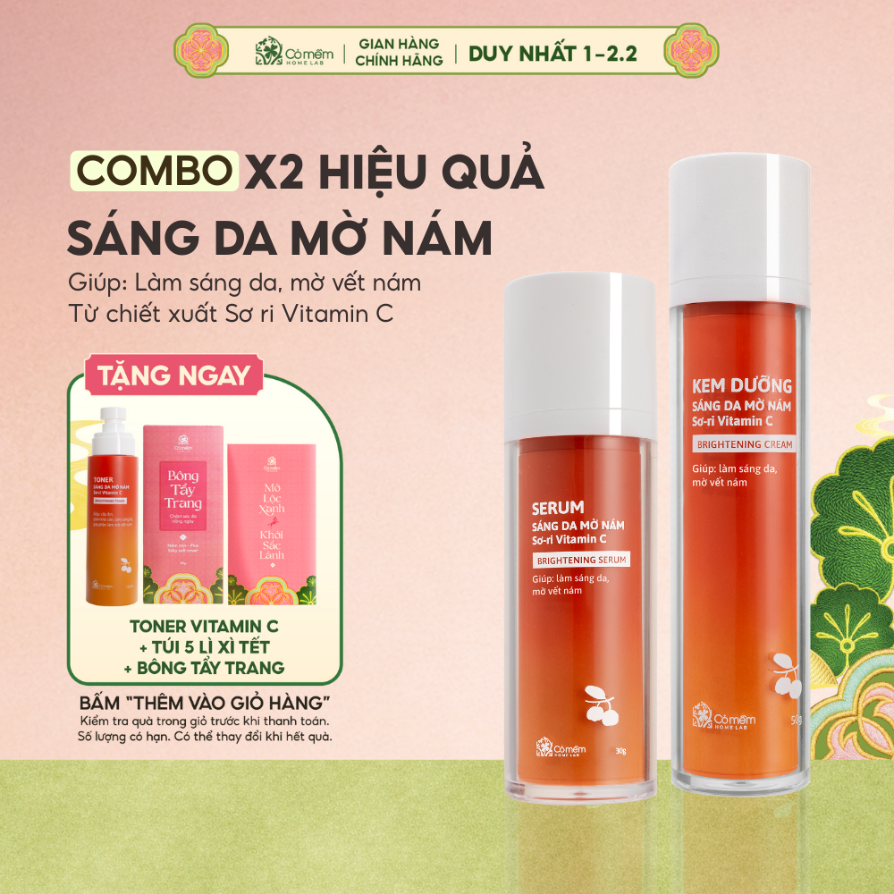 [MUA 2 TẶNG 3]Bộ đôi serum kem dưỡng Vitamin C dưỡng sáng da mờ thâm nám tàn nhang từ trái Sơ-ri Cỏ 