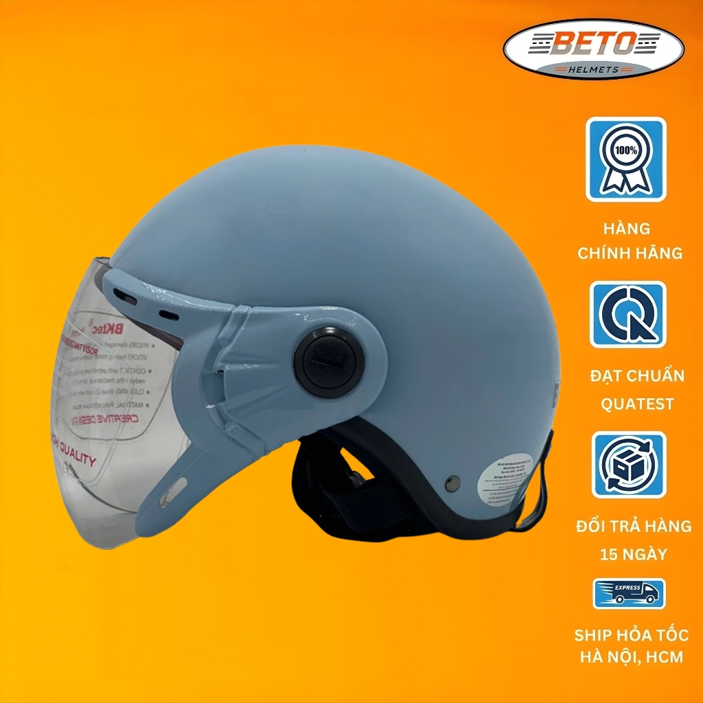 Mũ bảo hiểm nửa đầu có kính BKtec BK6 xanh xi măng , an toàn, cho cả nam và nữ, Freesize vòng đầu 55