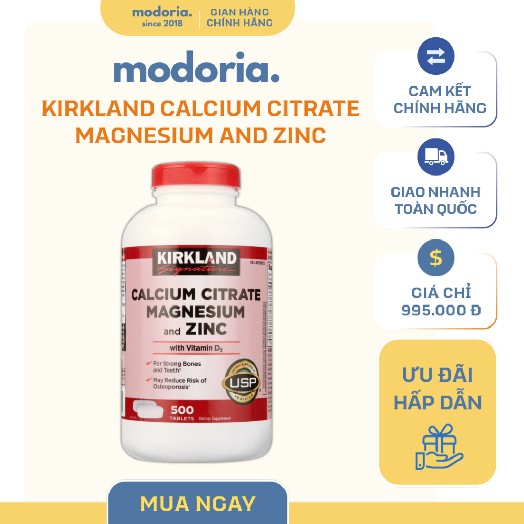 [modoria.] Viên uống Kirkland Calcium Citrate Magnesium and Zinc 500 viên Mỹ
