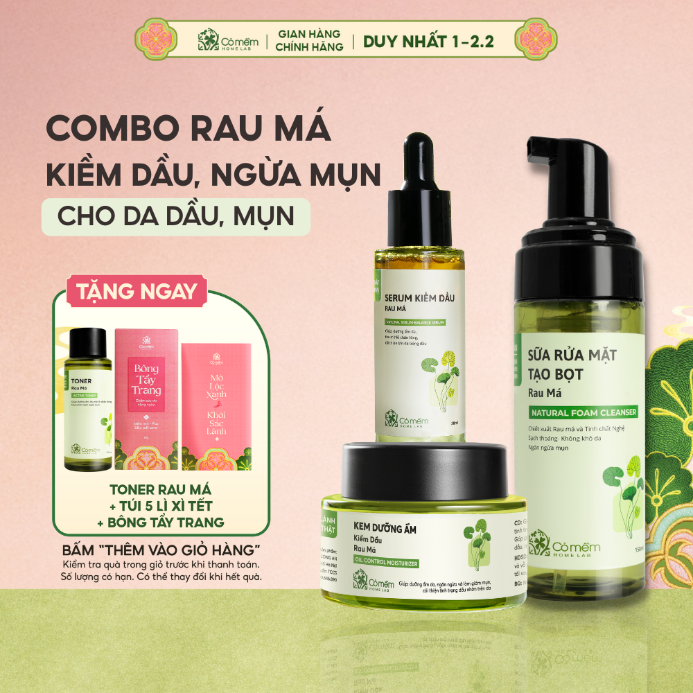 Bộ Chăm Sóc Da 3 Bước Sữa Rửa Mặt Serum Và Kem Dưỡng Ẩm Kiềm Dầu Rau Má Cỏ Mềm