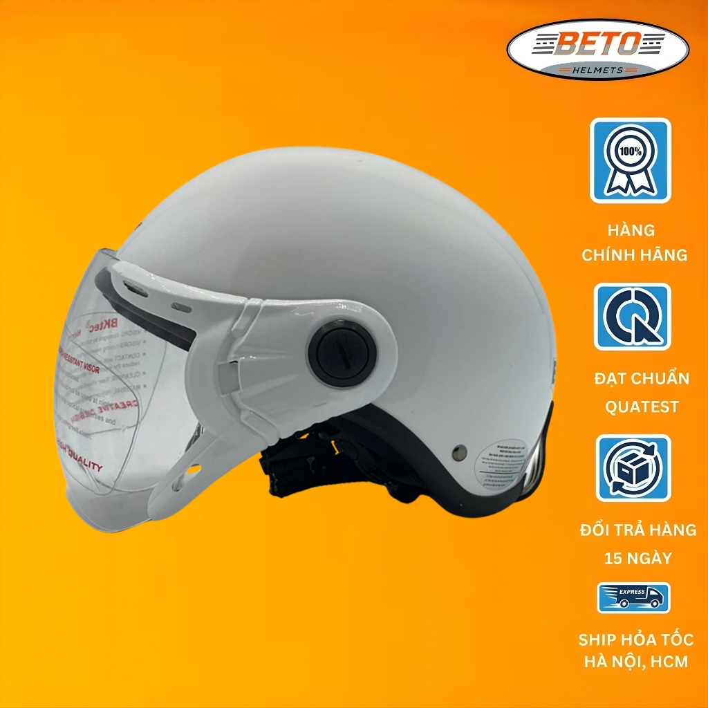 Mũ bảo hiểm nửa đầu có kính BKtec BK6 trắng chính hãng, an toàn, cho cả nam và nữ, Freesize vòng đầu
