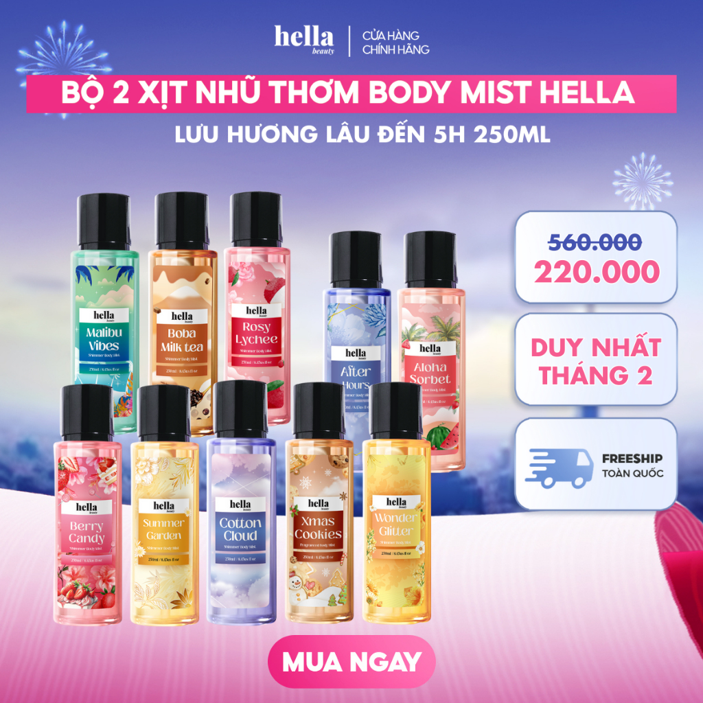 Bộ 2 xịt thơm body mist hương nước hoa Hella Beauty 250ml lưu hương lâu, an toàn cho da nhạy cảm