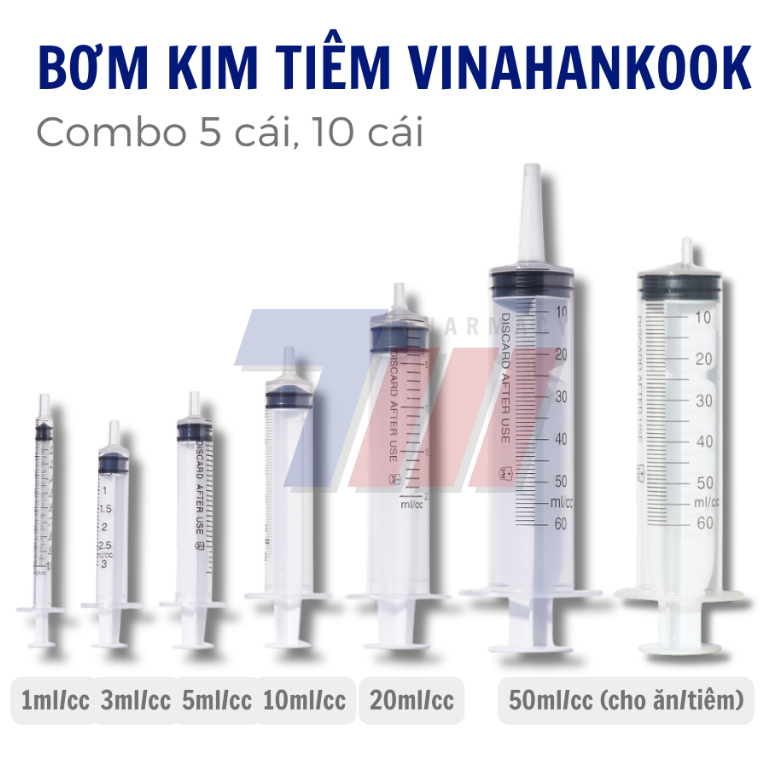 Combo 5, 10 Bơm Kim Tiêm Dùng Một Lần VINAHANKOOK 1ml/cc, 3ml/cc, 5ml/cc, 10ml/cc, 20ml/cc, 50ml/cc
