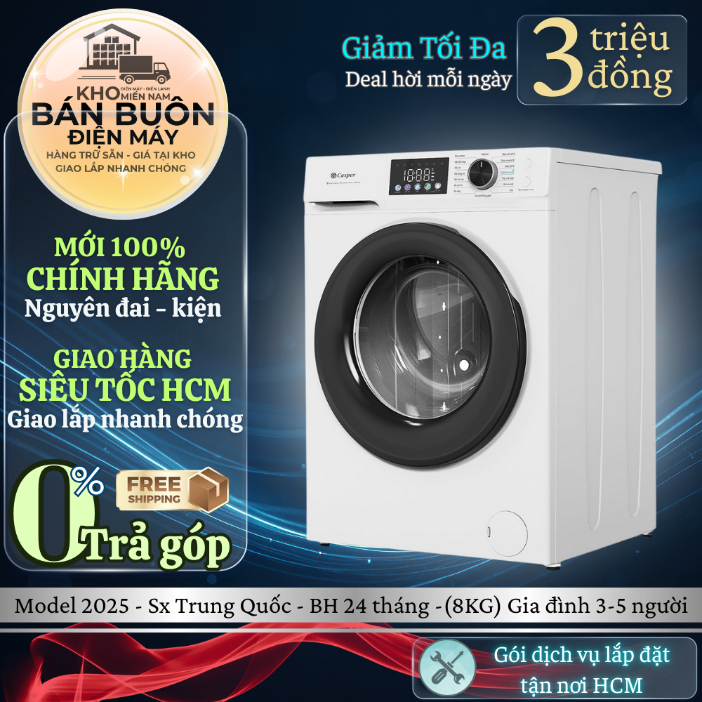 WF-D8VWR1 Máy giặt Casper Inverter 8kg giặt hơi nước, AI Smart, tiết kiệm điện WF-D8VWR1