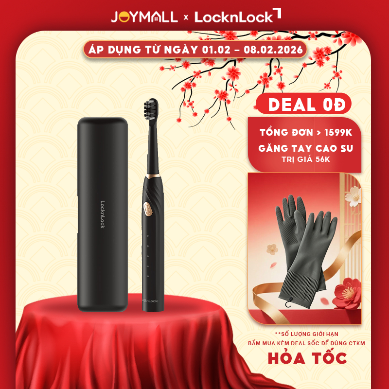 Bàn chải điện LocknLock ENR321BLK, Hàng chính hãng, 5 chế độ làm sạch, có 4 đầu bàn chải - JoyMall