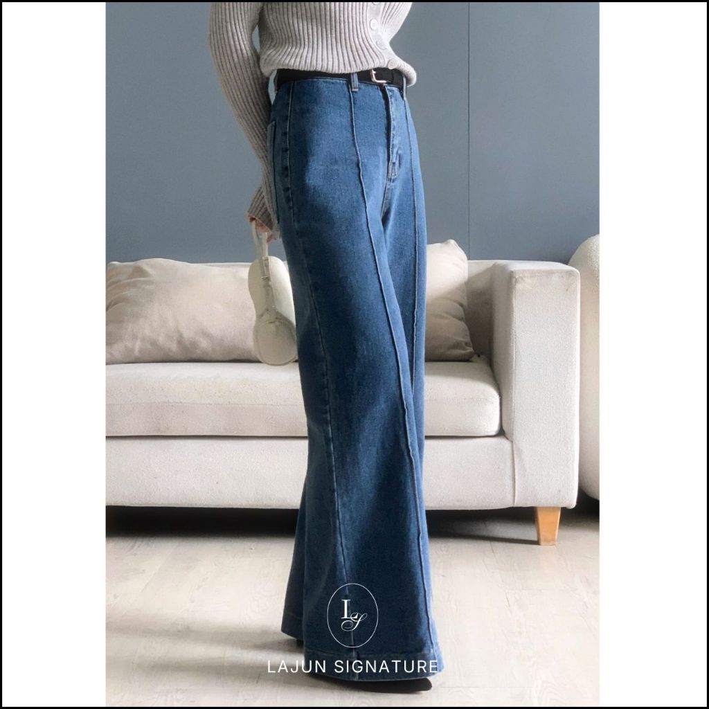 [LAJUN SIGNATURE] Quần Jeans Central Form Suông Rộng Line Giữa Lưng Cao Chất Liệu Dày Dặn Tôn Dáng