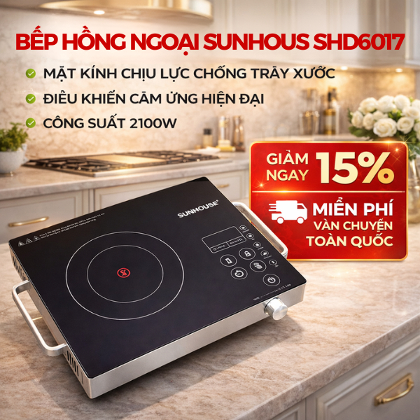 Bếp hồng ngoại Sunhouse SHD6017 cảm ứng, Mặt Bếp Chịu Nhiệt Lên Đến 800°C