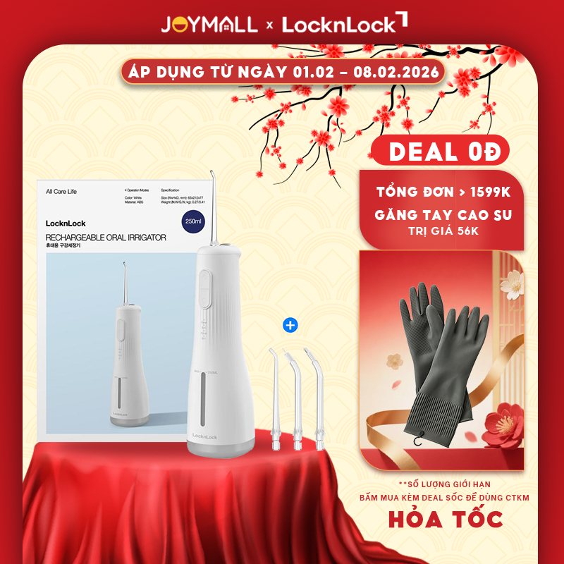 Máy tăm nước không dây LocknLock ENR154WHT 250ml, Hàng chính hãng, 4 chế độ, pin 2000mAh - JoyMall