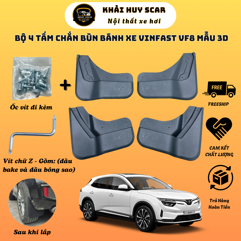 Bộ 4 Tấm Chắn Bùn Ô Tô Vinfast VF8 Hạn Chế Bùn Đất Bắn Lên Xe Mẫu 3D Mới Kèm Theo Đầy Đủ Phụ Kiện