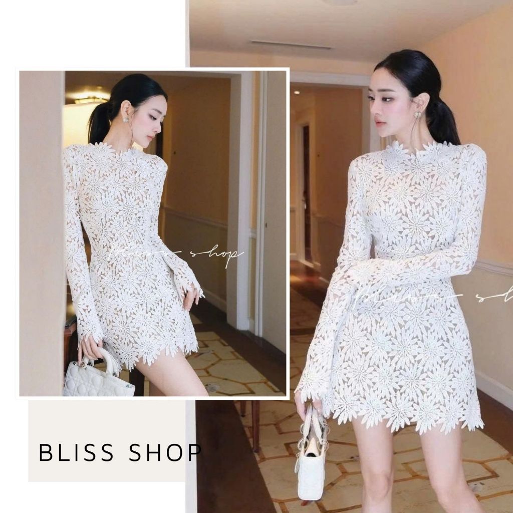 Bliss Shop - Đầm Thiết Kế Dài Tay Cao Cấp Họa Tiết Ren Hoa Sang Trọng Lót Habutai Mềm Mại V295