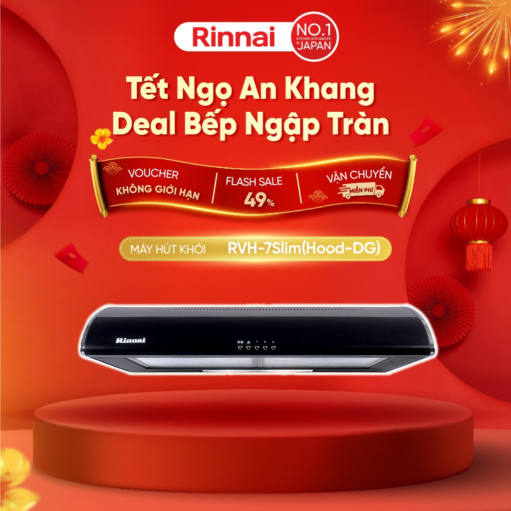 Máy hút mùi 70cm Rinnai RVH-7Slim(Hood-DG) than hoạt tính và ống thoát 380W