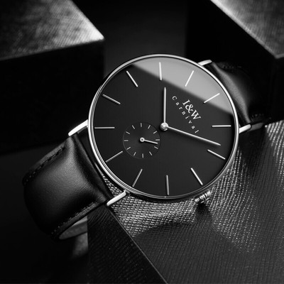 Đồng hồ nam chính hãng I&W Carnival 8848G-D4 Kính sapphire,Chống nước 30M,Máy điện tử (Quartz,mặt đen dây da đen