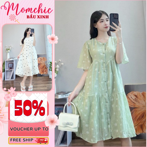Đầm Bầu Hoa Nhí 2 Lớp MomChic, Thiết Kế Nút Cài, Chất Lụa Tơ Cao Cấp,Trẻ Trung Mềm Mát, Nữ Tính, Phong Cách Hàn Quốc