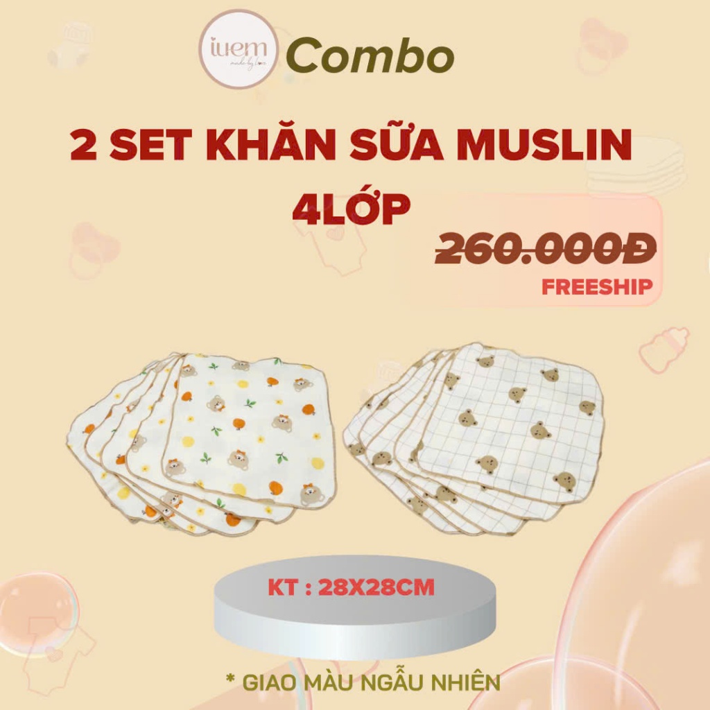 iuem combo 2 set KHĂN SỮA 4 LỚP (tổng 10chiếc) cho bé sơ sinh mềm mát, thấm hút tốt,