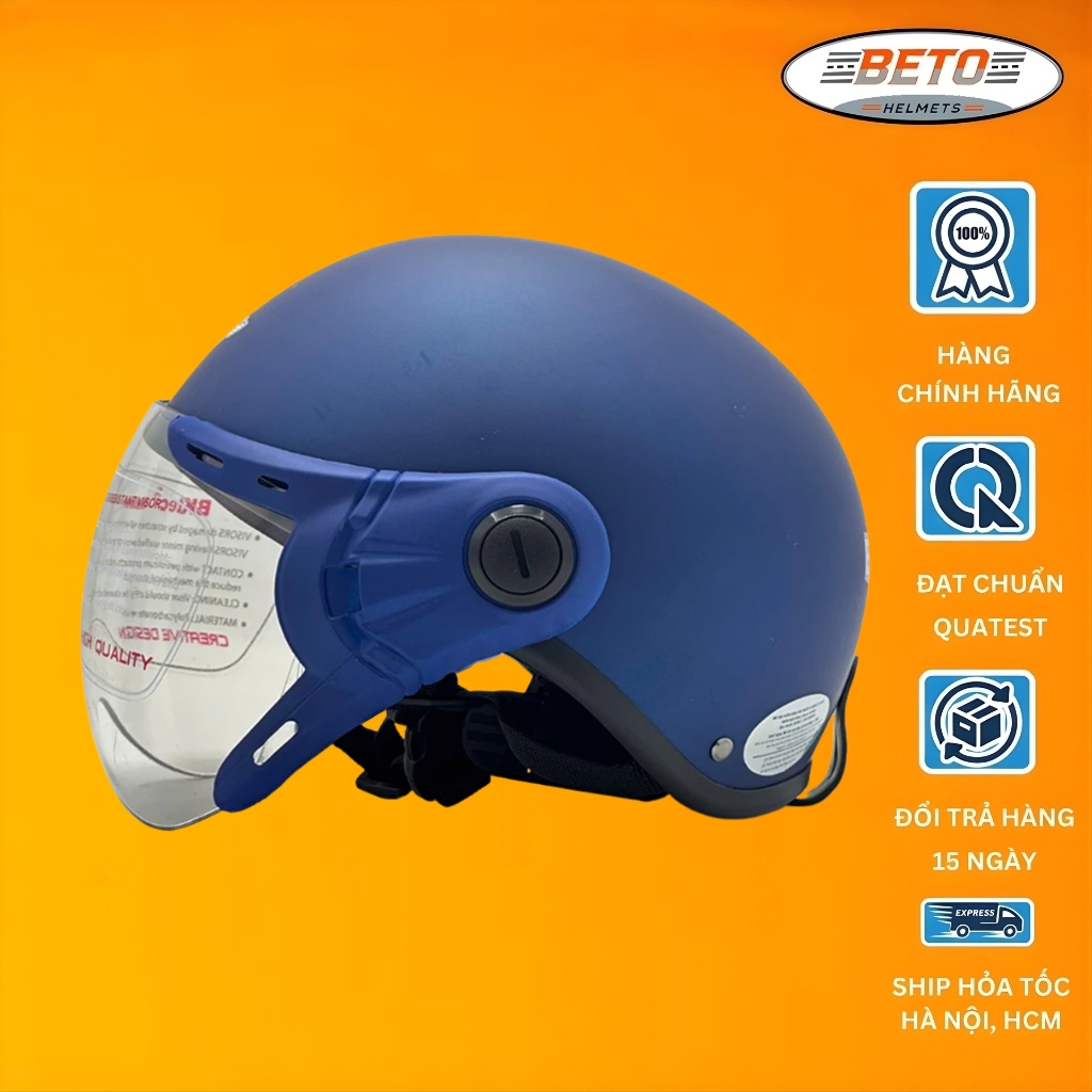 Mũ bảo hiểm nửa đầu có kính BKtec BK6 xanh than nhám, an toàn, cho cả nam và nữ, Freesize vòng đầu 5