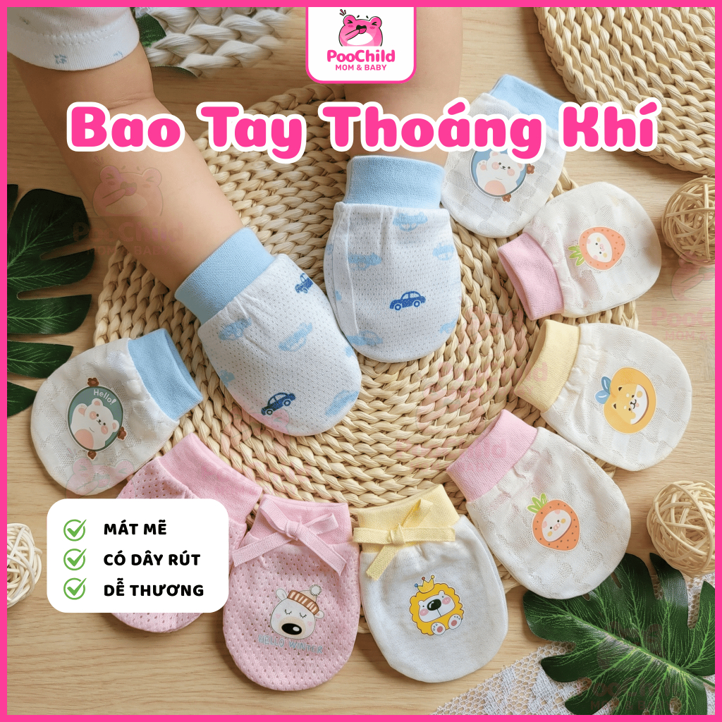 Bao tay cho bé sơ sinh đến 2 tuổi PooChild, bao tay cotton có lỗ thoáng khí dây rút chống cào