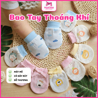Bao tay cho bé sơ sinh đến 2 tuổi PooChild, bao tay cotton có lỗ thoáng khí dây rút chống cào