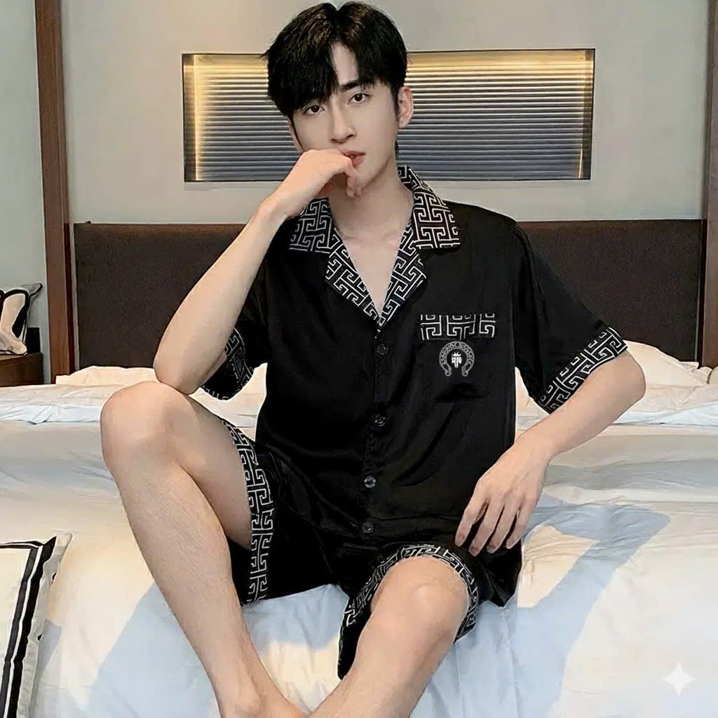 Bộ quần áo ngủ, Bộ Lụa Mặc Nhà Nam Nữ Sọc Be Quần Đùi Áo Cộc Chất Lụa Gấm Cao Cấp Size Từ 40-95kg.