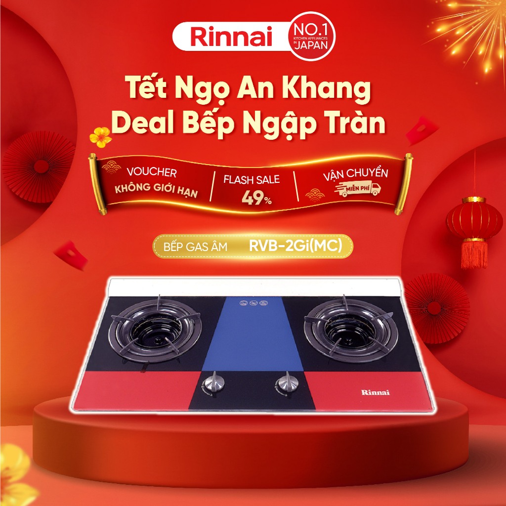 Bếp gas âm đầu đốt trong Rinnai RVB-2Gi(MC) mặt bếp kính và kiềng men