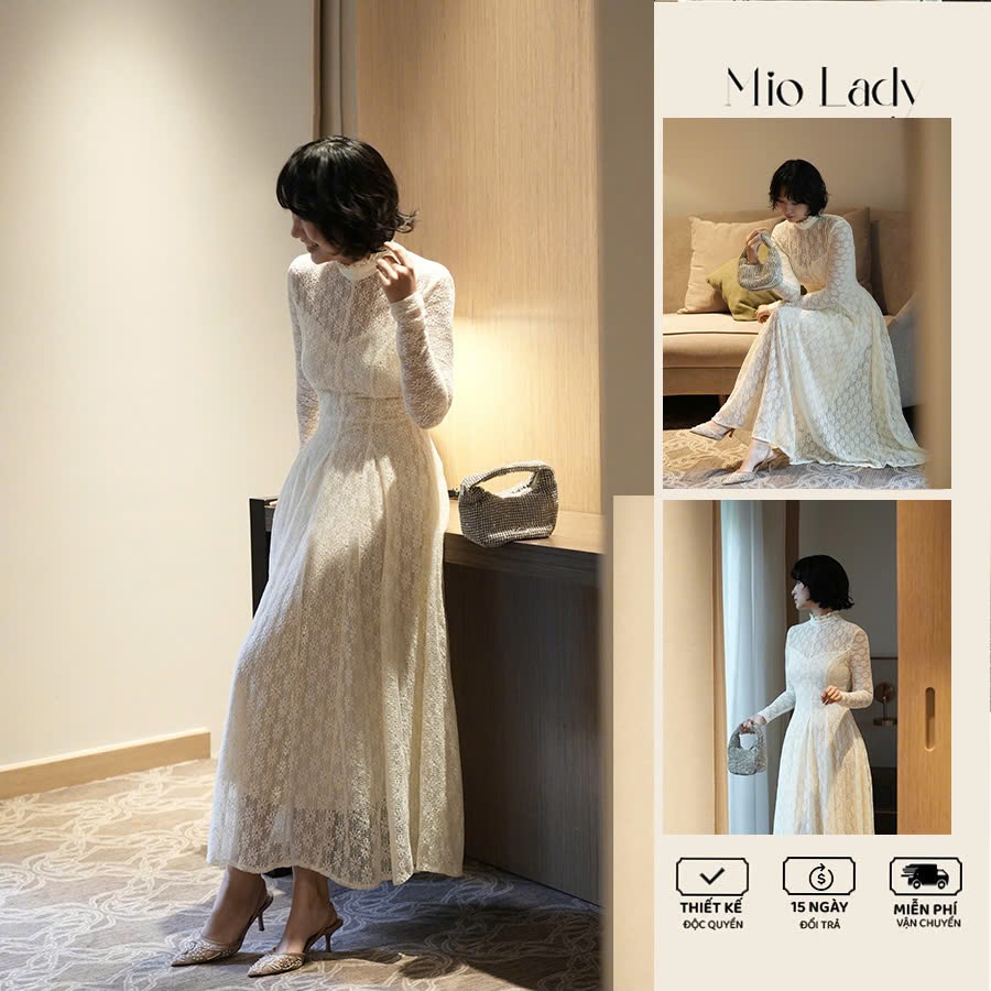 Váy ren hoa cổ bèo dáng xoè, dài tay, lót cotton co giãn – Mio Lady VA019