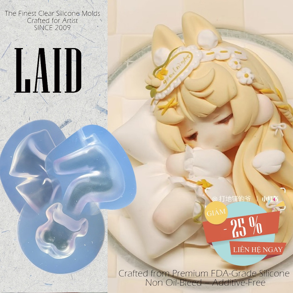 LAID Em bé nằm ôm gối Khuôn silicone trong dẻo nặn tượng đất sét mô hình búp bê handmade clay doll c