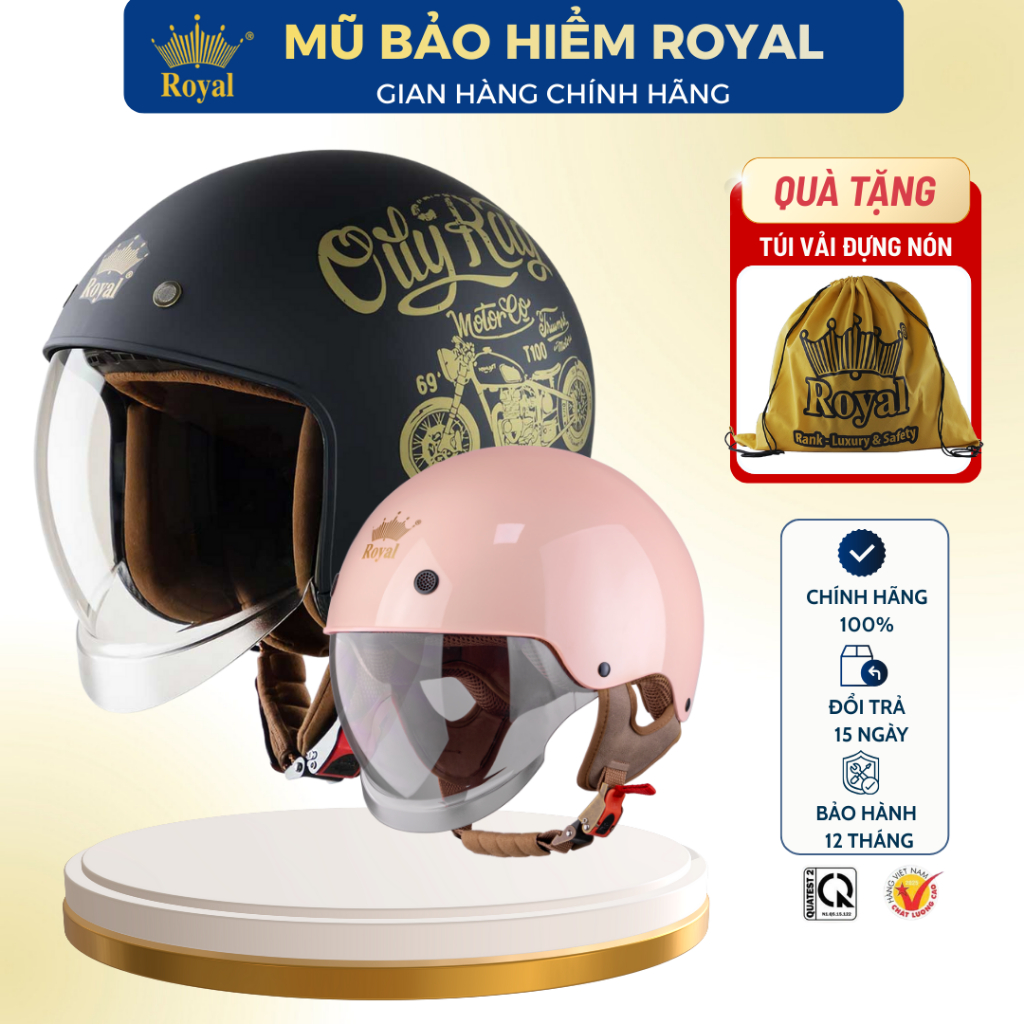 Mũ Bảo Hiểm 3/4 Royal M139 Kính Âm Chính Hãng, Nón Bảo Hiểm M239 Royal Có Kính 1/2 Nam Nữ BH 12 Thán
