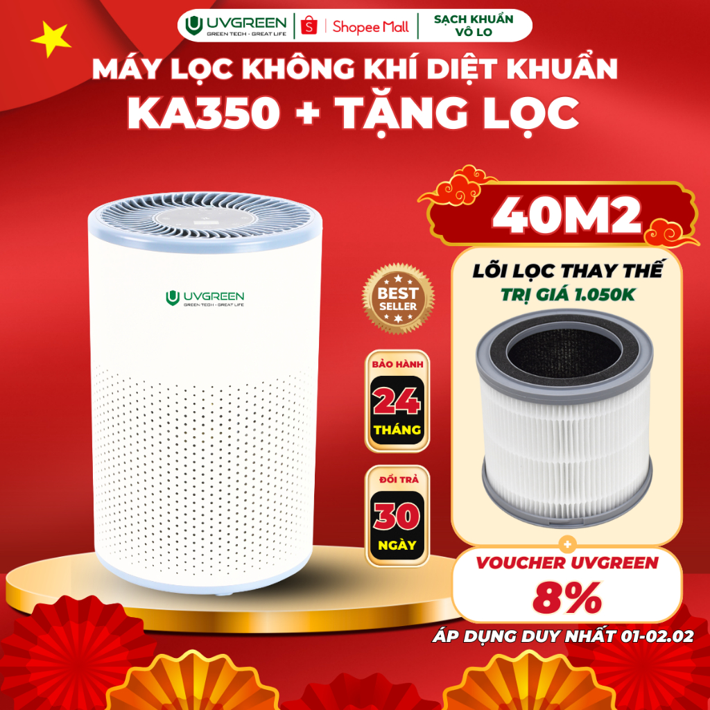 [UVG] [TẶNG LỌC 1.050K] Máy Lọc Không Khí Diệt Khuẩn UVGREEN KA350 UVC 40m2, Công Nghệ UVC Led & Ion