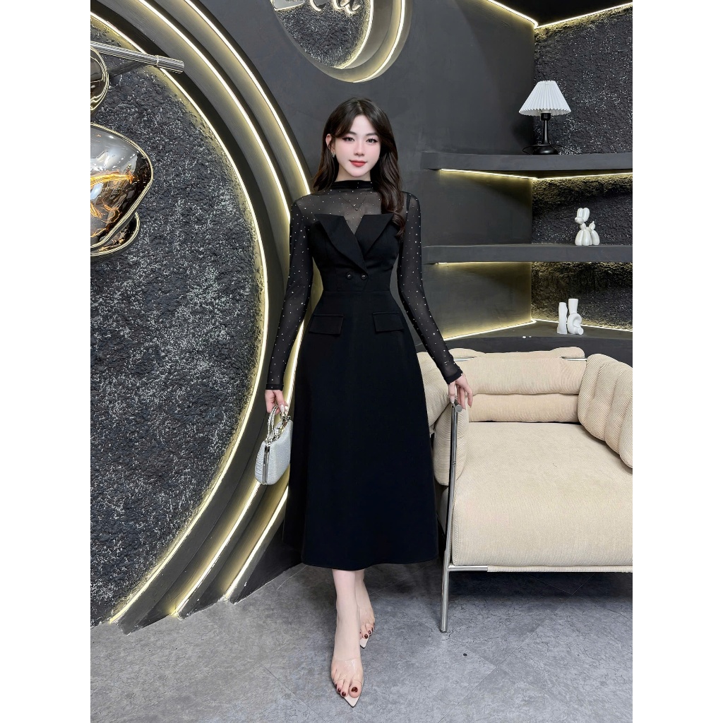 2VK172 - Váy Thiết Kế Eviici dành cho nữ, thiết kế phối lưới kết hợp đá ép nhiệt dáng A dài