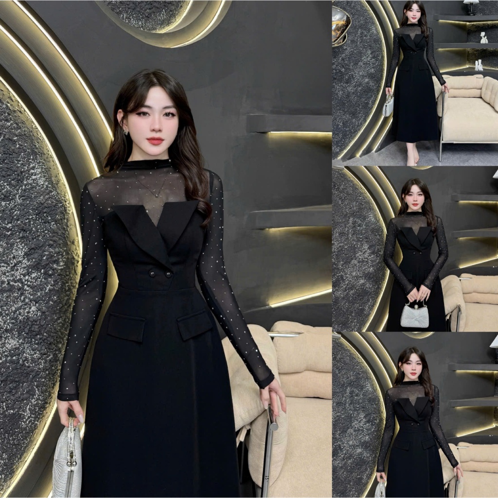 VK172 - Váy Thiết Kế Evii dành cho nữ, Đầm thiết kế phối lưới kết hợp đá ép nhiệt dáng A dài