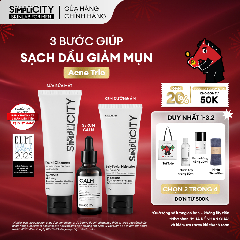 Combo chăm da dầu mụn cho nam Men Stay Simplicity Acne Relief Skincare Trio giảm mụn an toàn