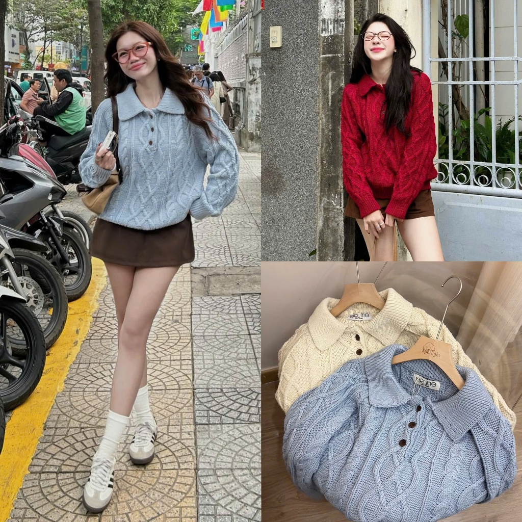 (ẢNH OLDSCHOOL) Áo len vặn thừng cổ bẻ cúc đen ERUME chuẩn tag A8822