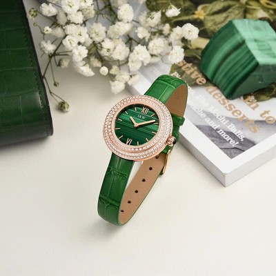 Đồng Hồ Nữ chính hãng I&W Carnival 3008L-D4 Kính sapphire,Chống nước 30m ,máy điện tử (Pin),mặt xanh lá đính đá dây da