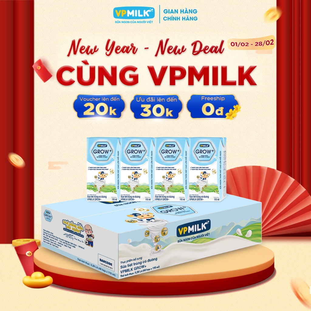 Sữa tiệt trùng VPMilk Grow+ hộp 110ml (thùng 48 hộp)