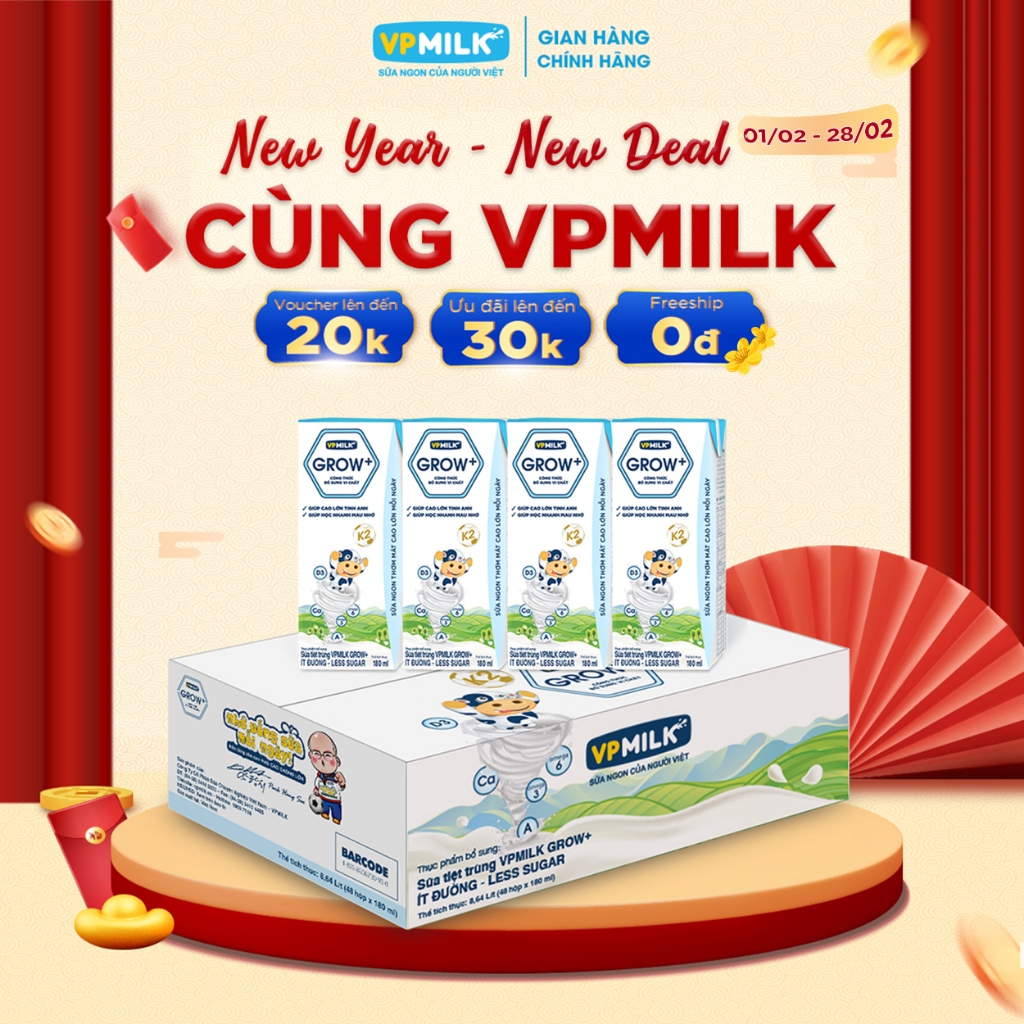Sữa Tiệt Trùng VPMilk Grow+ Ít Đường hộp 180ml (thùng 48 hộp)